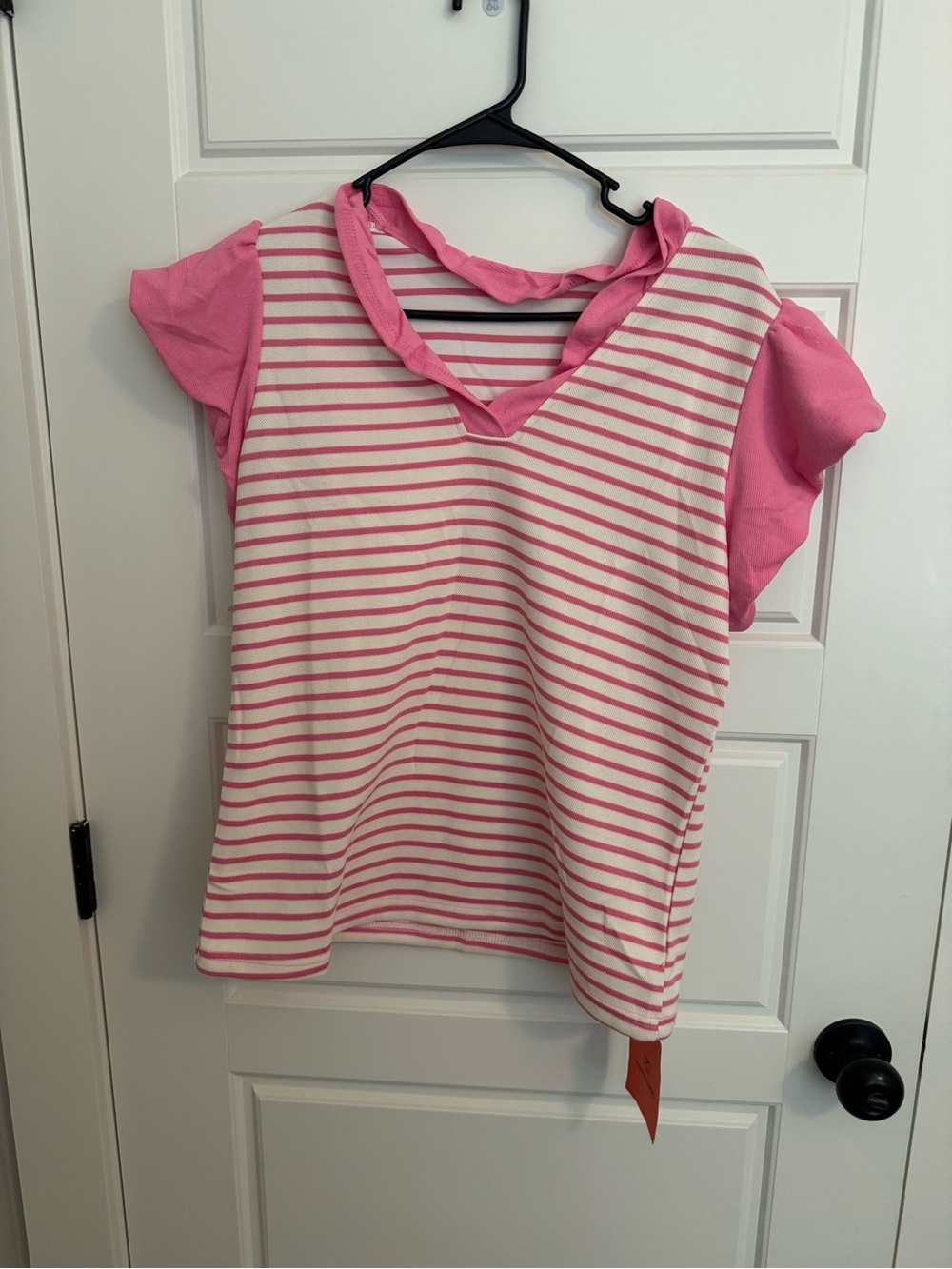 Girls Pink Striped V-Neck Short Sleeve Tee